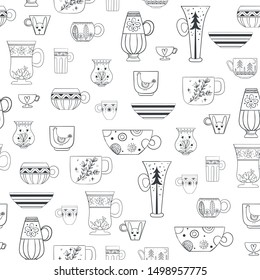 Hand drawn seamless pattern with differnt cup of tea. Ink and sketch style. Black and white illustration. Itcan be used as a wallpaper, background, fabric pattern, wrapping paper, coloring page.