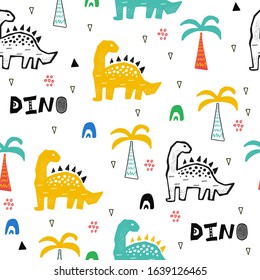 Hand drawn seamless pattern with dinosaur in the wild safari firest. Cute illustration for nursery,textile, kids fashion. Vector design