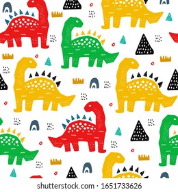 Hand drawn seamless pattern with dinosaur in the wild safari firest. Cute illustration for nursery,textile, kids fashion. Vector design