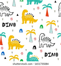 Hand drawn seamless pattern with dinosaur in the wild safari firest. Cute illustration for nursery,textile, kids fashion. Vector design