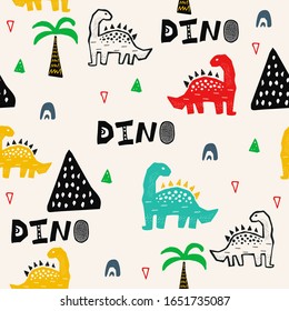 Hand drawn seamless pattern with dinosaur in the wild safari firest. Cute illustration for nursery,textile, kids fashion. Vector design