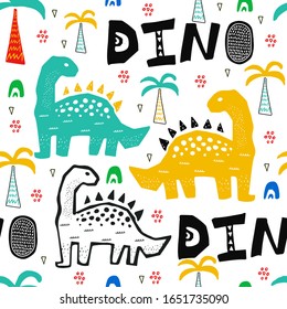 Hand drawn seamless pattern with dinosaur in the wild safari firest. Cute illustration for nursery,textile, kids fashion. Vector design