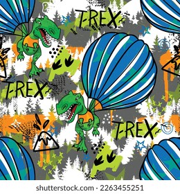 Hand drawn seamless pattern with dinosaur T rex with parachute. modern background for boys and girls,  For prints, T-shirts, textiles,fabric, web. Urban dark wallpaper.