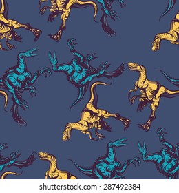 Hand drawn seamless pattern with dinosaur. Vector line art.