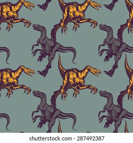Hand drawn seamless pattern with dinosaur. Vector line art.