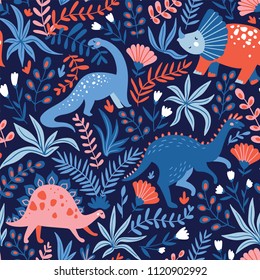 Hand drawn seamless pattern with dinosaurs and tropical leaves and flowers. Perfect for kids fabric, textile, nursery wallpaper. Cute dino design. Vector illustration.