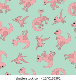 Hand drawn seamless pattern with dinosaurs and tropical leaves and flowers. Perfect for kids fabric, textile, nursery wallpaper. Cute dino design. Vector illustration.