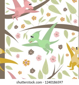 Hand drawn seamless pattern with dinosaurs and tropical leaves and flowers. Perfect for kids fabric, textile, nursery wallpaper. Cute dino design. Vector illustration.