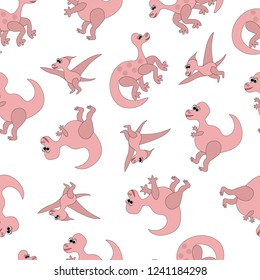 Hand drawn seamless pattern with dinosaurs and tropical leaves and flowers. Perfect for kids fabric, textile, nursery wallpaper. Cute dino design. Vector illustration.