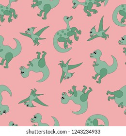 Hand drawn seamless pattern with dinosaurs and tropical leaves and flowers. Perfect for kids fabric, textile, nursery wallpaper. Cute dino design. Vector illustration.