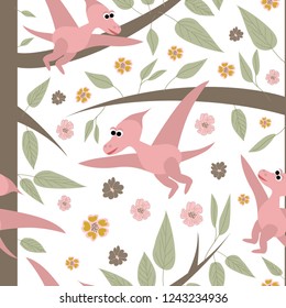 Hand drawn seamless pattern with dinosaurs and tropical leaves and flowers. Perfect for kids fabric, textile, nursery wallpaper. Cute dino design. Vector illustration.