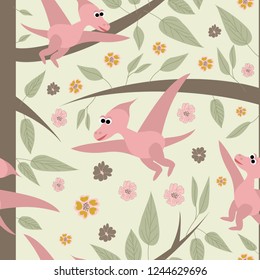 Hand drawn seamless pattern with dinosaurs and tropical leaves and flowers. Perfect for kids fabric, textile, nursery wallpaper. Cute dino design. Vector illustration.