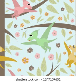 Hand drawn seamless pattern with dinosaurs and tropical leaves and flowers. Perfect for kids fabric, textile, nursery wallpaper. Cute dino design. Vector illustration.