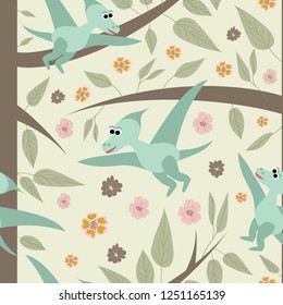 Hand drawn seamless pattern with dinosaurs and tropical leaves and flowers. Perfect for kids fabric, textile, nursery wallpaper. Cute dino design. Vector illustration.
