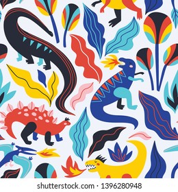 Hand drawn seamless pattern with dinosaurs and abstract leaves and flowers. Perfect for kids fabric, textile, nursery wallpaper. Cute abstract dino design. Vector illustration.
