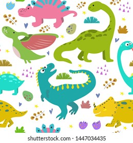 Hand drawn seamless pattern with dinosaurs. Great design for kids apparel, nursery decoration, fabric, textile. Cute and colorful dino design vector illustration.