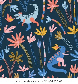 Hand drawn seamless pattern with dinosaurs and palm tree . Perfect for kids fabric, textile, nursery wallpaper. Cute abstract dino design. Vector illustration.