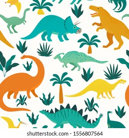 Hand drawn seamless pattern with dinosaurs and tropical leaves and flowers. Perfect for kids fabric, textile, nursery wallpaper. Cute dino design. Vector illustration.