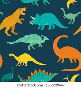 Hand drawn seamless pattern with dinosaurs. Perfect for kids fabric, textile, nursery wallpaper. Cute dino design. Vector illustration.