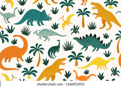 Hand drawn seamless pattern with dinosaurs and tropical leaves and flowers. Perfect for kids fabric, textile, nursery wallpaper. Cute dino design. Vector illustration.