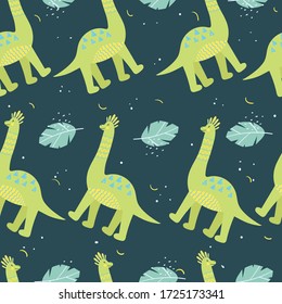 Patrón sin fisuras dibujado a mano con dinosaurios y hojas tropicales. Perfecto para tela infantil, textil, papel pintado para bebés. Ilustración vectorial.