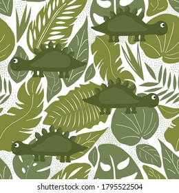 Hand drawn seamless pattern with dinosaurs and tropical leaves and flowers. Ideal for children fabrics, textiles, children's Wallpaper. Cute Dino design. Vector illustration.