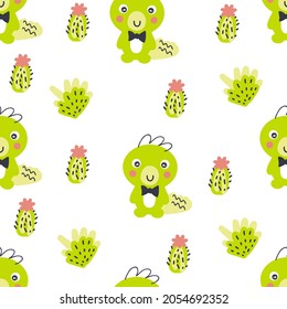 Hand drawn seamless pattern with dinosaurs and cactuses. Perfect for T-shirt, textile and prints. Doodle style vector illustration for decor and design.

