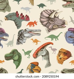 Hand drawn seamless pattern with dinosaurs.