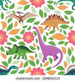 Hand drawn seamless pattern with dinosaurs and tropical leaves and flowers. Perfect for kids fabric, textile, nursery wallpaper. Cute dino design.