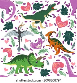 Hand drawn seamless pattern with dinosaurs and tropical leaves and flowers. Perfect for kids fabric, textile, nursery wallpaper. Cute dino design.