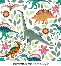 Hand drawn seamless pattern with dinosaurs and tropical leaves and flowers. Perfect for kids fabric, textile, nursery wallpaper. Cute dino design.