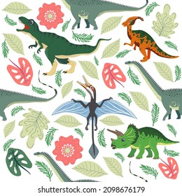 Hand drawn seamless pattern with dinosaurs and tropical leaves and flowers. Perfect for kids fabric, textile, nursery wallpaper. Cute dino design.