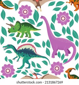Hand drawn seamless pattern with dinosaurs and tropical leaves and flowers. Perfect for kids fabric, textile, nursery wallpaper. Cute dino design.