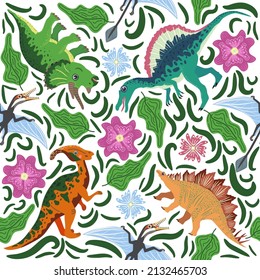 Hand drawn seamless pattern with dinosaurs and tropical leaves and flowers. Perfect for kids fabric, textile, nursery wallpaper. Cute dino design.