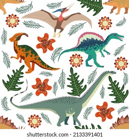 Hand drawn seamless pattern with dinosaurs and tropical leaves and flowers. Perfect for kids fabric, textile, nursery wallpaper. Cute dino design.