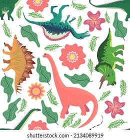 Hand drawn seamless pattern with dinosaurs and tropical leaves and flowers. Perfect for kids fabric, textile, nursery wallpaper. Cute dino design.