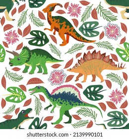 Hand drawn seamless pattern with dinosaurs and tropical leaves and flowers. Perfect for kids fabric, textile, nursery wallpaper. Cute dino design.
