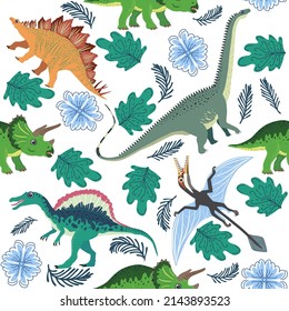 Hand drawn seamless pattern with dinosaurs and tropical leaves and flowers. Perfect for kids fabric, textile, nursery wallpaper. Cute dino design.