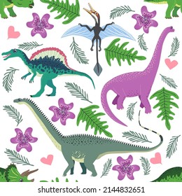 Hand drawn seamless pattern with dinosaurs and tropical leaves and flowers. Perfect for kids fabric, textile, nursery wallpaper. Cute dino design.
