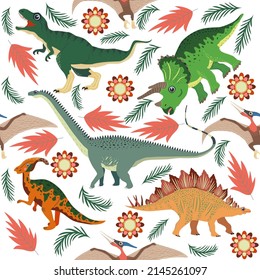 Hand drawn seamless pattern with dinosaurs and tropical leaves and flowers. Perfect for kids fabric, textile, nursery wallpaper. Cute dino design.