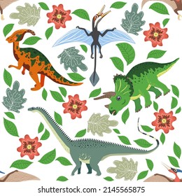 Hand drawn seamless pattern with dinosaurs and tropical leaves and flowers. Perfect for kids fabric, textile, nursery wallpaper. Cute dino design.