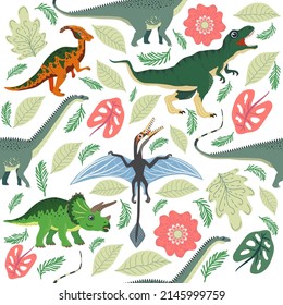 Hand drawn seamless pattern with dinosaurs and tropical leaves and flowers. Perfect for kids fabric, textile, nursery wallpaper. Cute dino design.