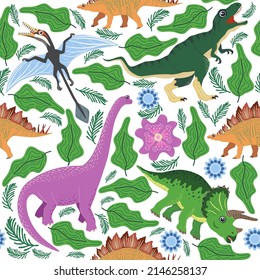 Hand drawn seamless pattern with dinosaurs and tropical leaves and flowers. Perfect for kids fabric, textile, nursery wallpaper. Cute dino design.