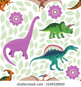 Hand drawn seamless pattern with dinosaurs and tropical leaves and flowers. Perfect for kids fabric, textile, nursery wallpaper. Cute dino design.