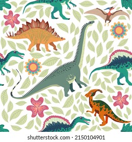 Hand drawn seamless pattern with dinosaurs and tropical leaves and flowers. Perfect for kids fabric, textile, nursery wallpaper. Cute dino design.