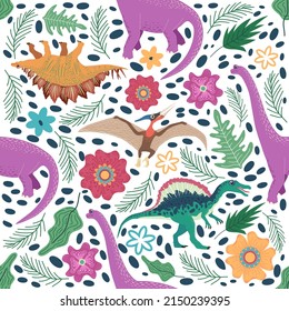 Hand drawn seamless pattern with dinosaurs and tropical leaves and flowers. Perfect for kids fabric, textile, nursery wallpaper. Cute dino design.