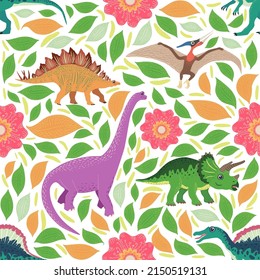 Hand drawn seamless pattern with dinosaurs and tropical leaves and flowers. Perfect for kids fabric, textile, nursery wallpaper. Cute dino design.