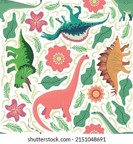 Hand drawn seamless pattern with dinosaurs and tropical leaves and flowers. Perfect for kids fabric, textile, nursery wallpaper. Cute dino design.