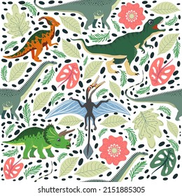 Hand drawn seamless pattern with dinosaurs and tropical leaves and flowers. Perfect for kids fabric, textile, nursery wallpaper. Cute dino design.