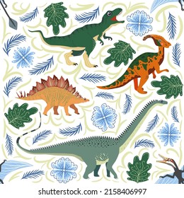 Patrón sin fisuras dibujado a mano con dinosaurios y hojas y flores tropicales. Perfecto para tela infantil, textil, tapicería de vivero. Un diseño de dino.